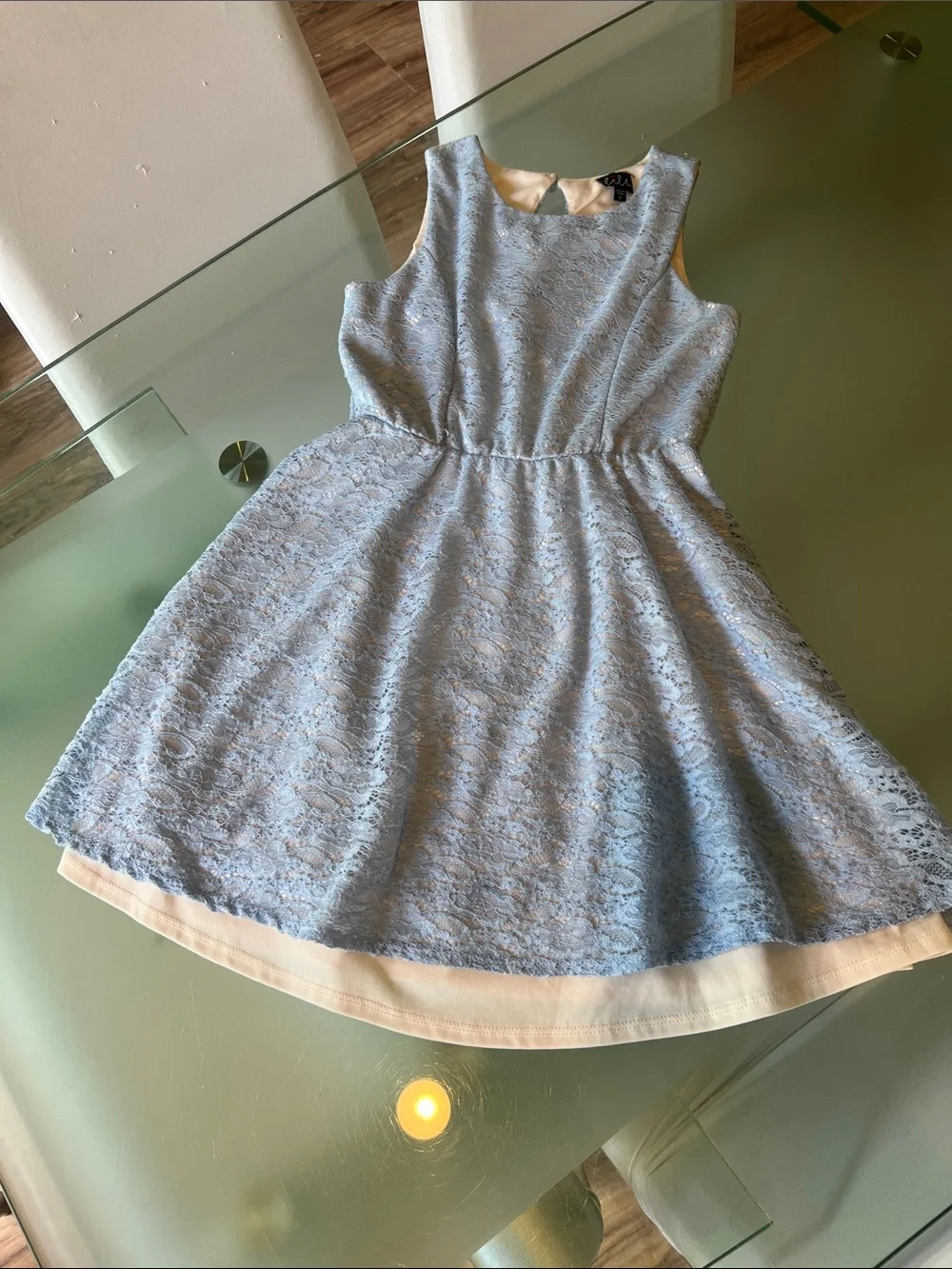 Kids Light Blue Lace Fit & Flare Dress with Cream Lining